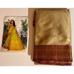 Gold Silk Saree with Maroon saree Border Traditional Indian Wedding Party Sari